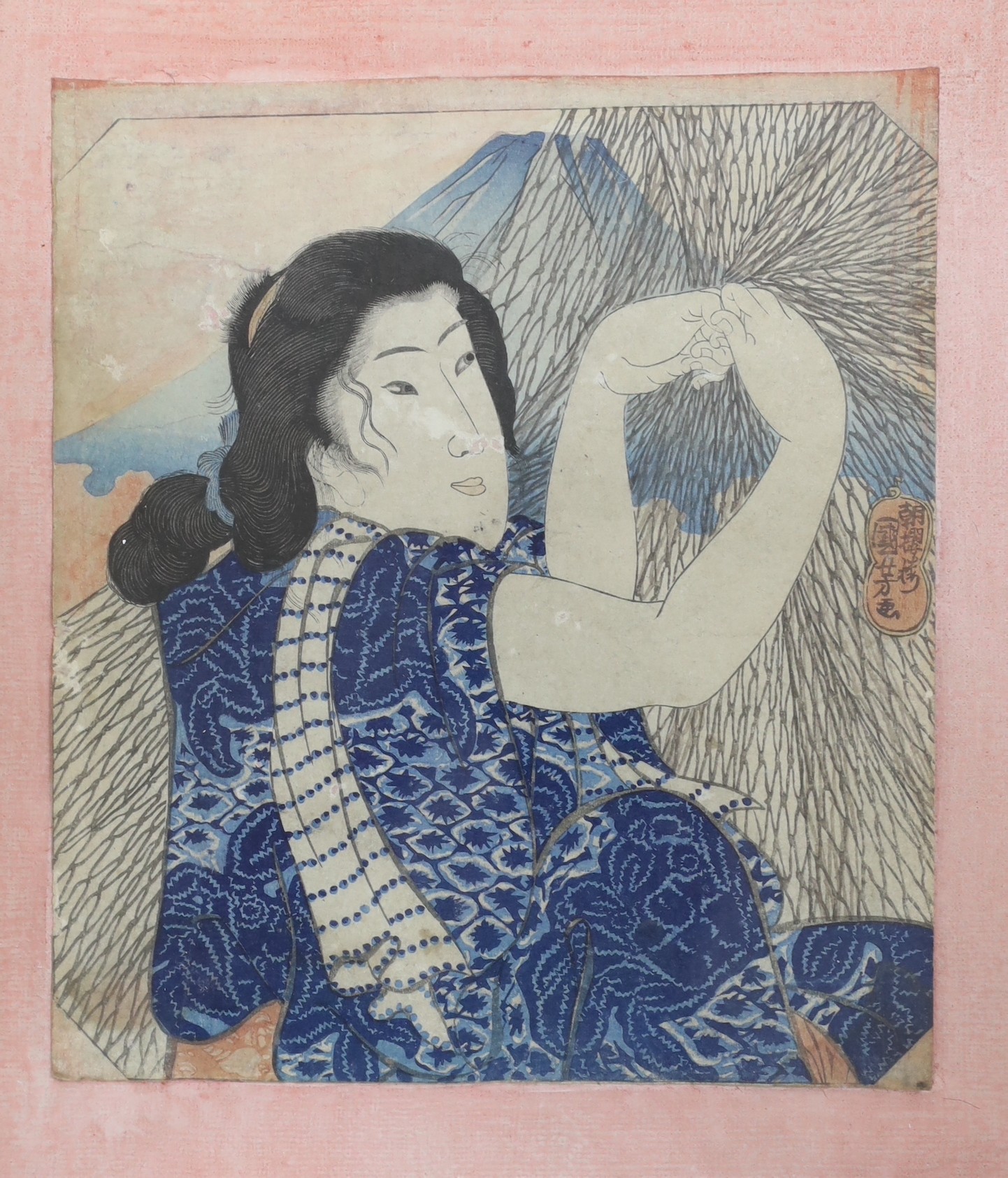 Utagawa Kuniyoshi (1797-1861), woodblock print, Woman with fish net, 24 x 21.5cm, another woodblock of a woman eating, 25 x 24cm and three small unframed prints